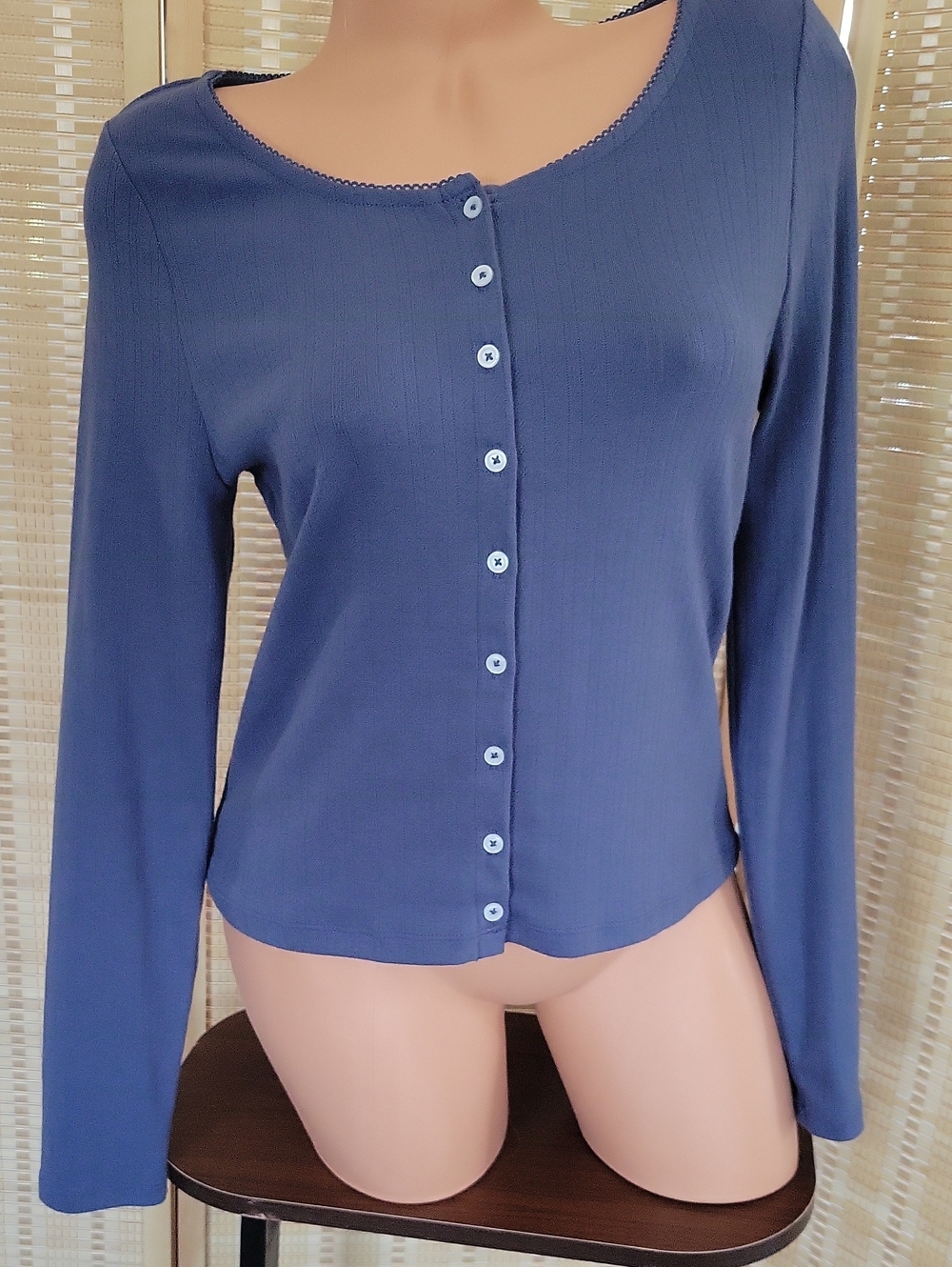 SO Navy Blue Ribbed Button-Front Long Sleeve Top